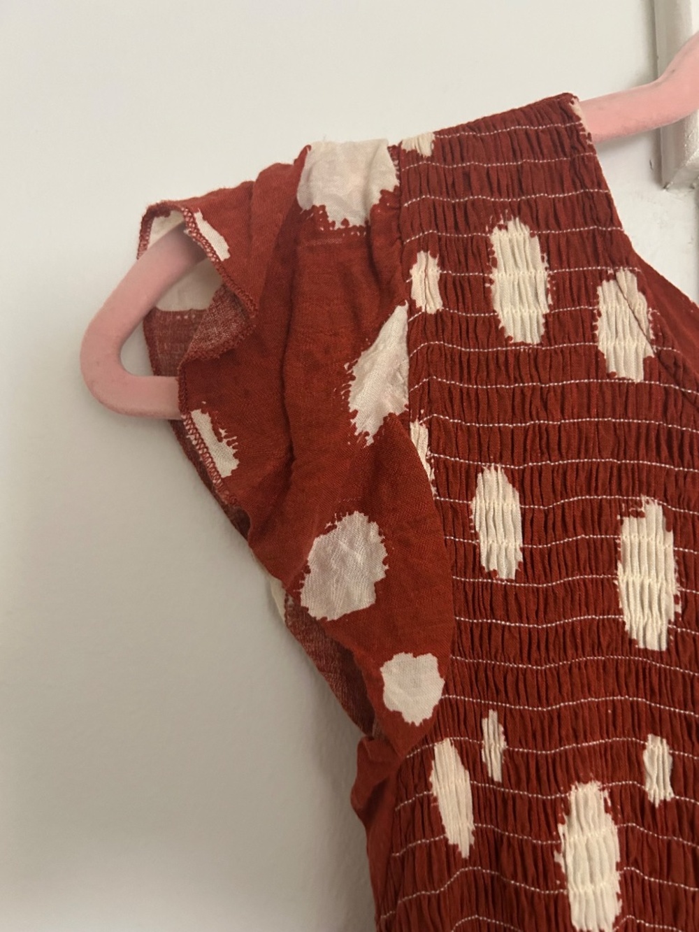Smocked white polka dot orange dress M - Picture 5 of 6